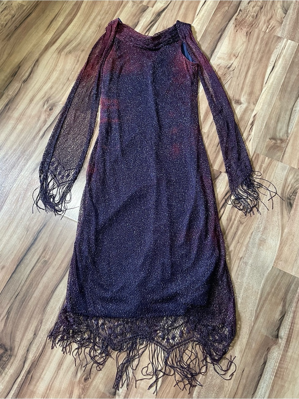 Vintage 90s Harlow Metallic Ombre Whimsigoth Shimmer Fringe Maxi Dress 12